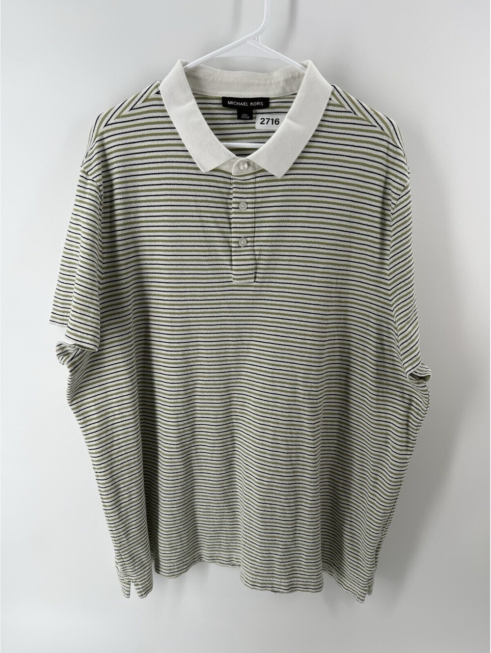 Michael Kors Men's Green Striped Knit Polo Shirt XXL Short Sleeve Collared Logo